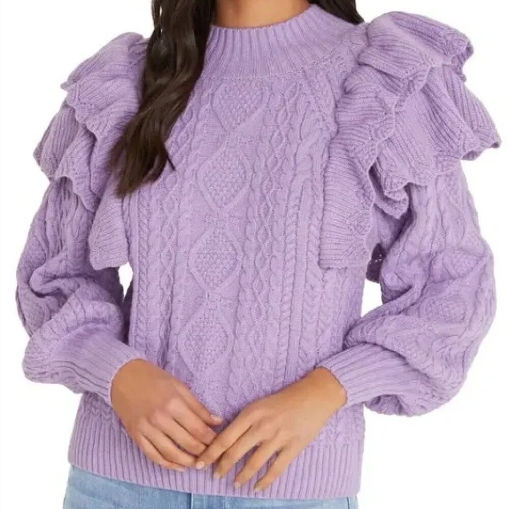 NWT VICI *Flawed* Purple Chunky Cable Knit Ruffle Balloon Sleeve Sweater Small